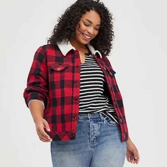 NWT Torrid Trucker Jacket In Red Black Buffalo Check Plaid - Picture 5 of 10